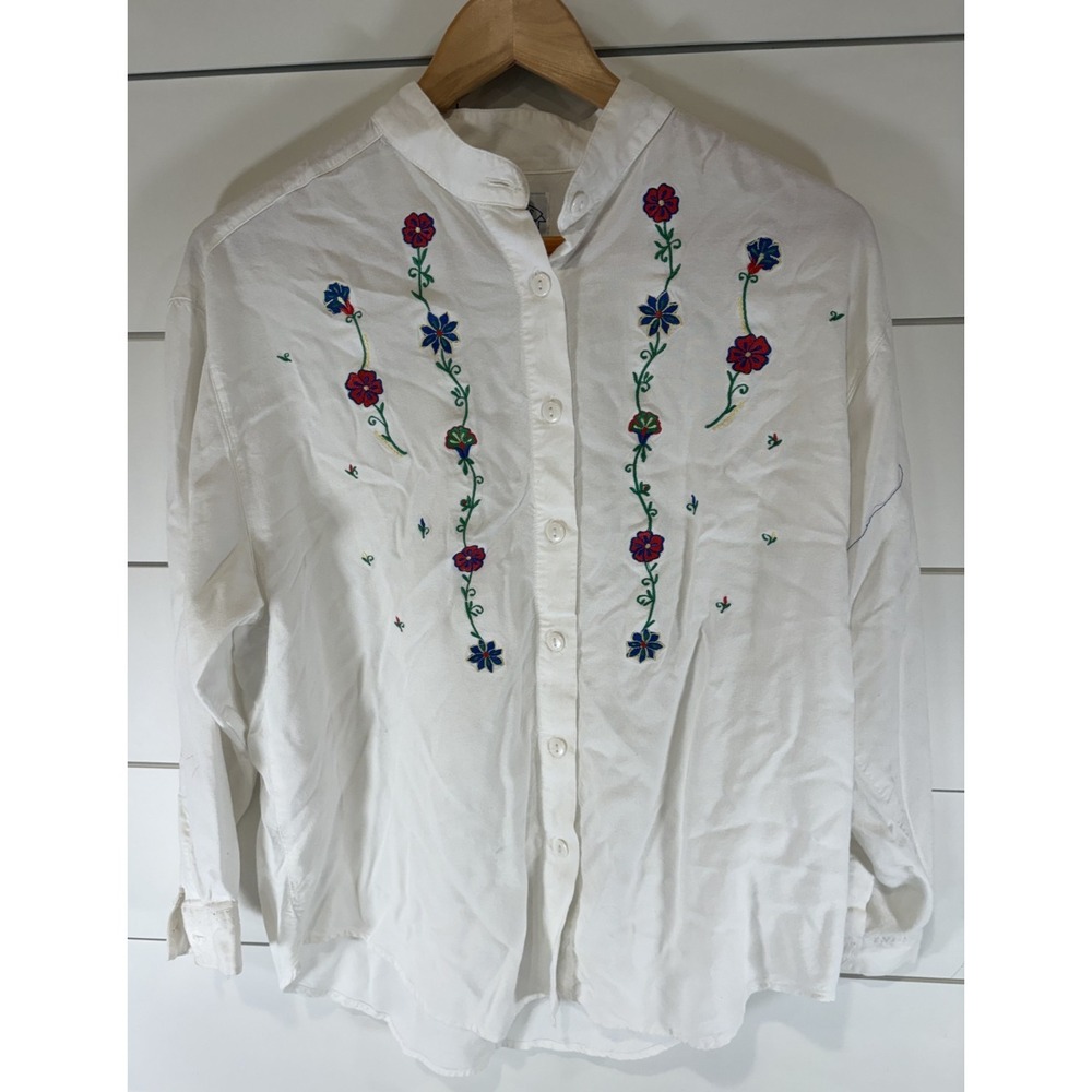 Vintage Embroidered Button Down Up L Women's White Shirt Solutions Original